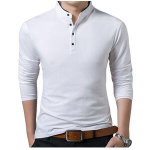 Men’s Casual  Fit Shirts Pure white Casual  Long Sleeve Polo  T-Shirts S.